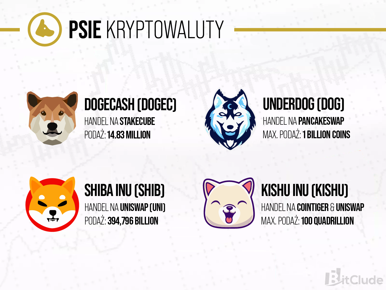 Inne psie kryptowaluty to między innymi Dogecash, Underdog, Shiba Inu i Kishu Inu.
